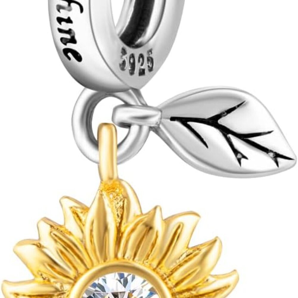 Sunflower Rose Love Heart Charms for Bracelets, 925 Sterling Silver Travel Bead